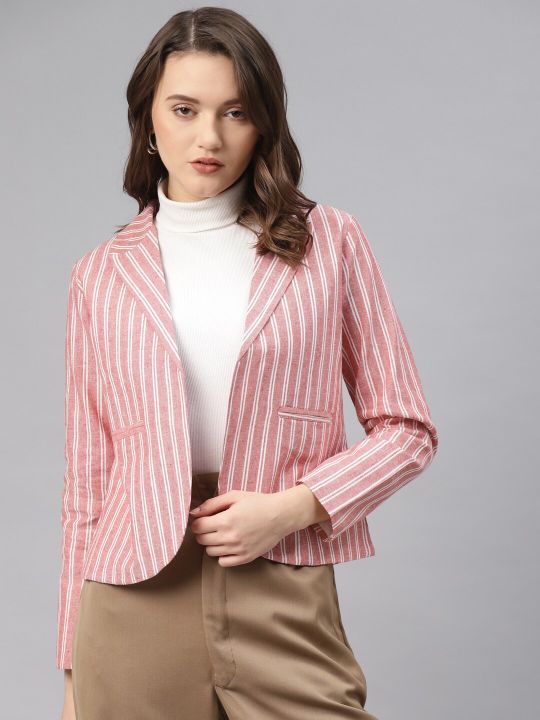 Cottinfab Women Pink & White Cotton Striped Front Open Blazer