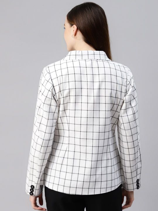 Cottinfab Women White Checked Open Front Formal Blazer