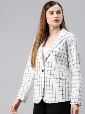 Cottinfab Women White Checked Open Front Formal Blazer