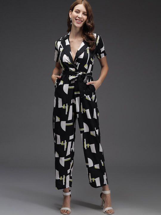 Darzi Black & White Printed Basic Jumpsuit