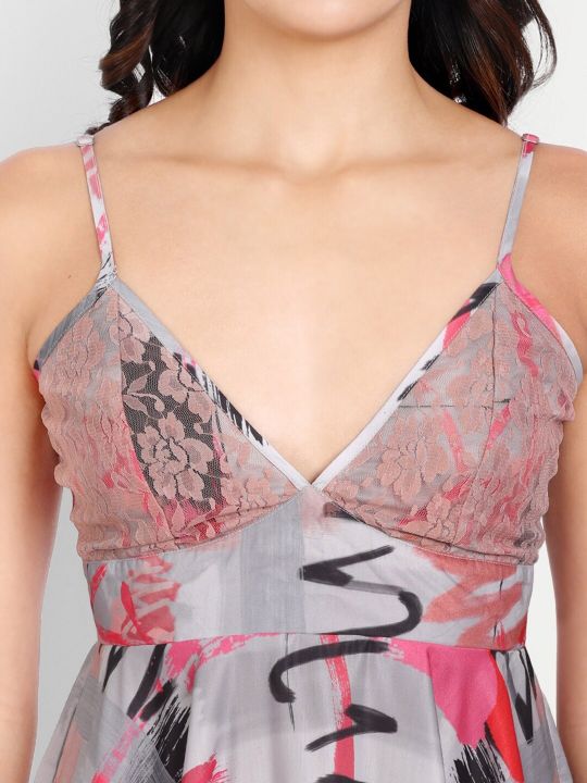 DECOREALM Abstract Printed Satin Nightdress