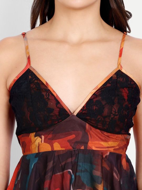 DECOREALM Abstract Printed Satin Nightdress