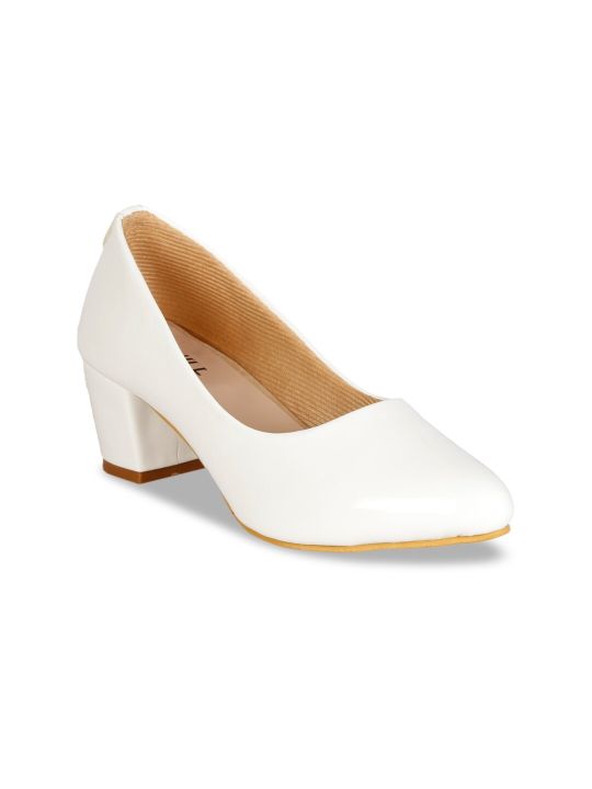 Denill White Solid Pointed Toe Block Heel Pumps