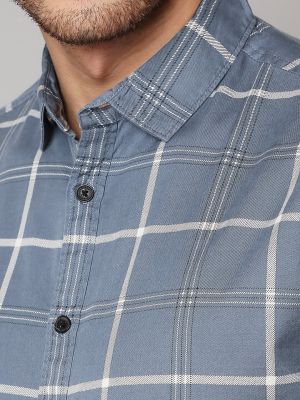 Dennis Lingo Men Blue Slim Fit Windowpane Checked Casual Shirt