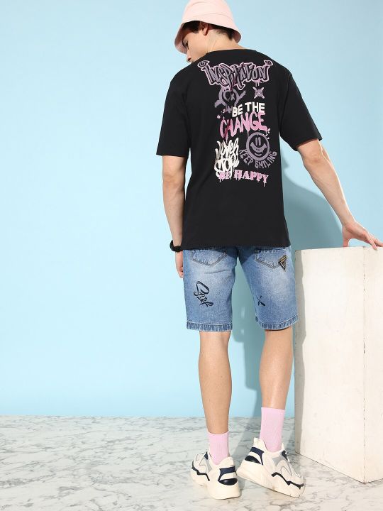 DILLINGER Men Black & Purple Typography Printed Pure Cotton Loose Oversized T-shirt