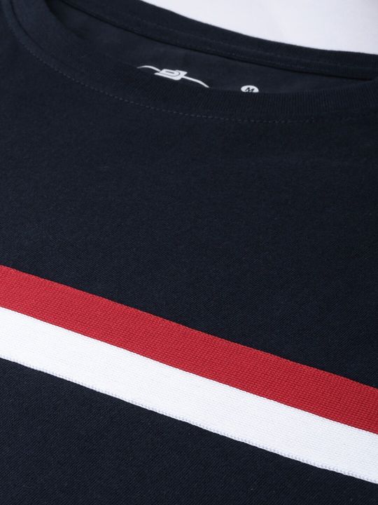 DILLINGER Men Navy Blue Red Striped Cotton Pure Cotton T-shirt