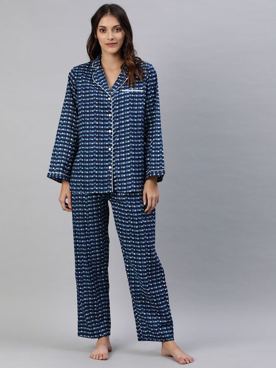 Divena Women Blue & White Printed Night Suit
