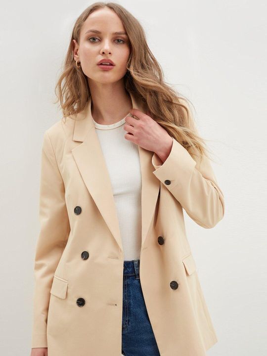 DOROTHY PERKINS Beige Double Breasted Longline Woven Blazer