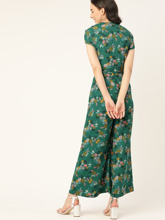 DressBerry Women Green & Pink Printed Basic Jumpsuit with Belt