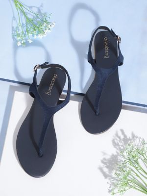 DressBerry Women Navy Blue Solid T-Strap Flats