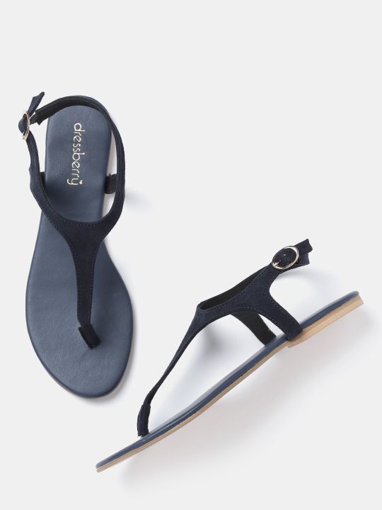 DressBerry Women Navy Blue Solid T-Strap Flats