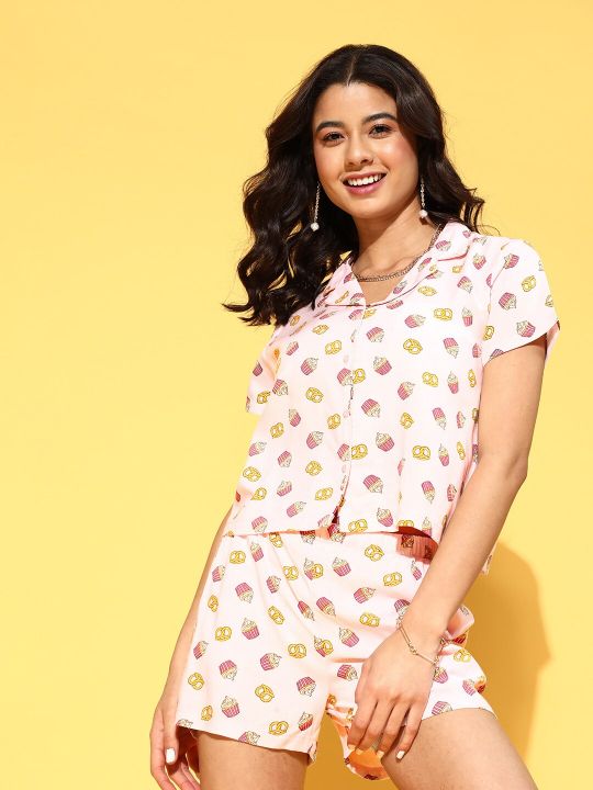 DressBerry Women Pink & Beige Printed Sustainable ECOVERO Night suit