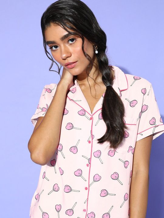 DressBerry Women Pink Printed Sleep Staple Night Suit