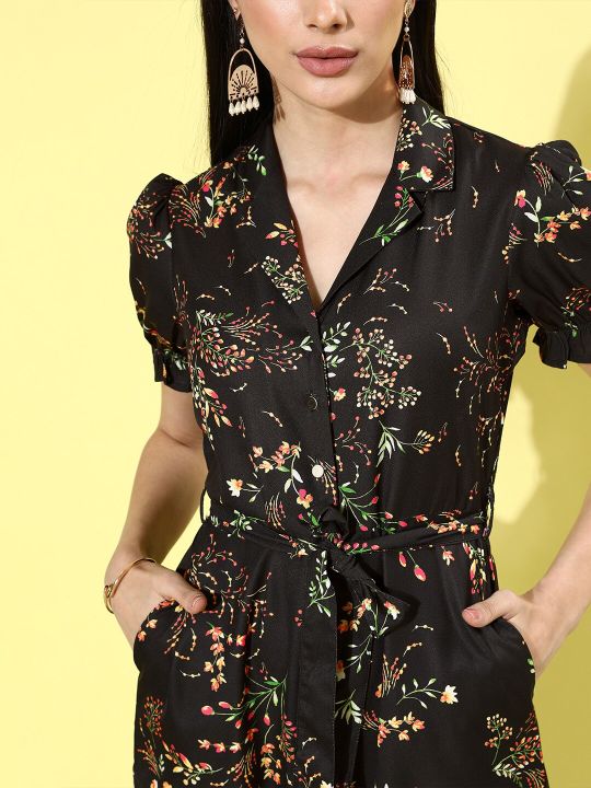 DressBerry Women Stylish Black Printed Romantic Florals Jumpsuit