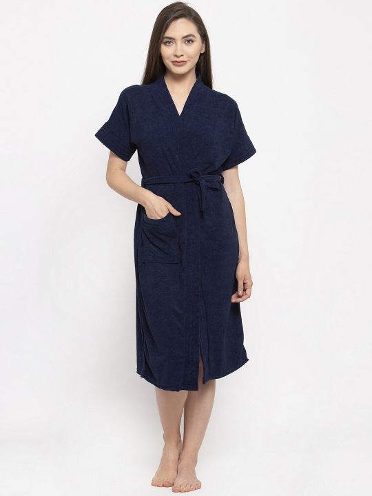 ELEVANTO Women Navy Blue Solid Bath Robe