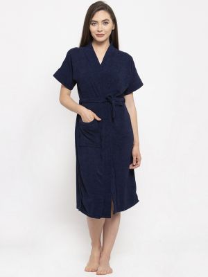 ELEVANTO Women Navy Blue Solid Bath Robe