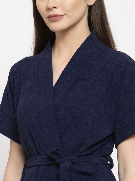 ELEVANTO Women Navy Blue Solid Bath Robe