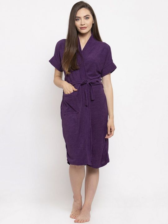 ELEVANTO Women Purple Solid Bath Robe