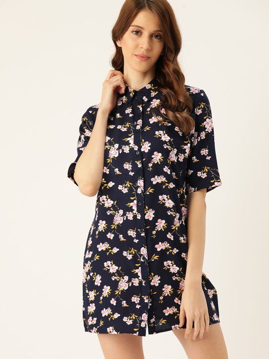 ETC Navy Blue & White Floral Print Sleep Shirts