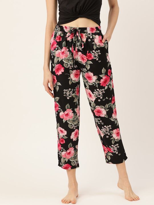 ETC Women Black & Pink Floral Print Lounge Pants