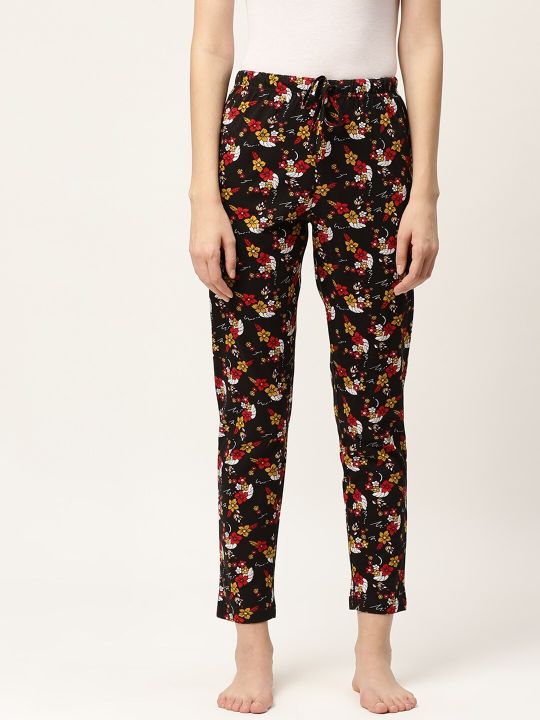 ETC Women Black & Red Floral Print Lounge Pants