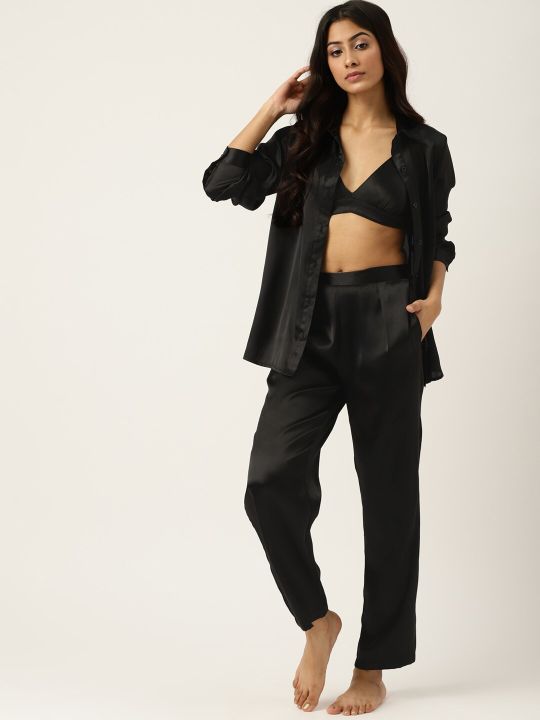 ETC Women Black Solid 3-Piece Night suit