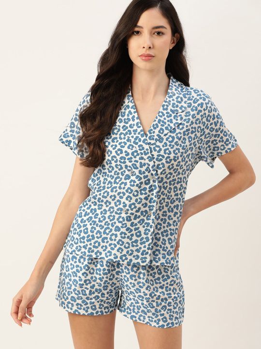 ETC Women Blue & White Animal Printed Night suit