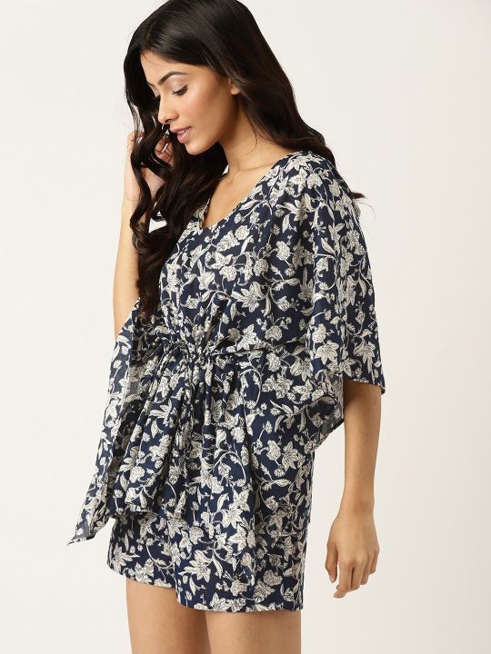 ETC Women Navy Blue & White Printed Night suit