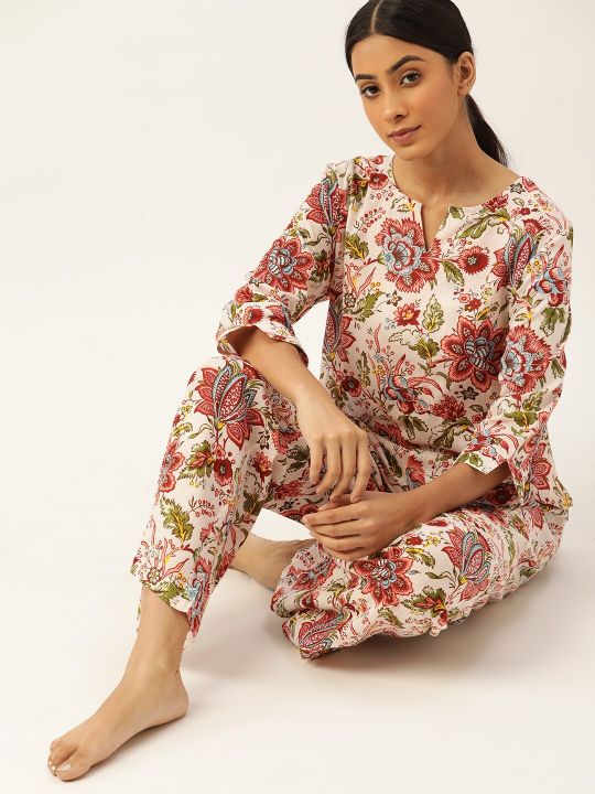 ETC Women Off White & Red Pure Cotton Jaipuri Print Pyjama Set