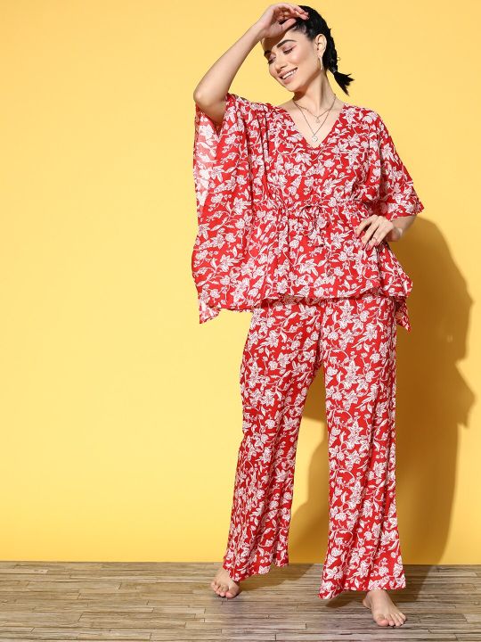 ETC Women Red Floral Workleisure Set Night Suit
