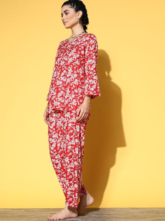 ETC Women Red Floral Workleisure Set Night Suit
