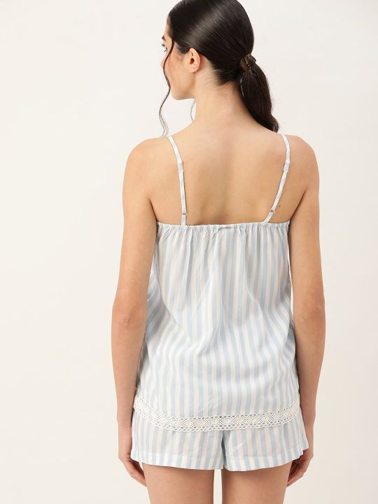 ETC Women White & Blue Striped Shorts Set