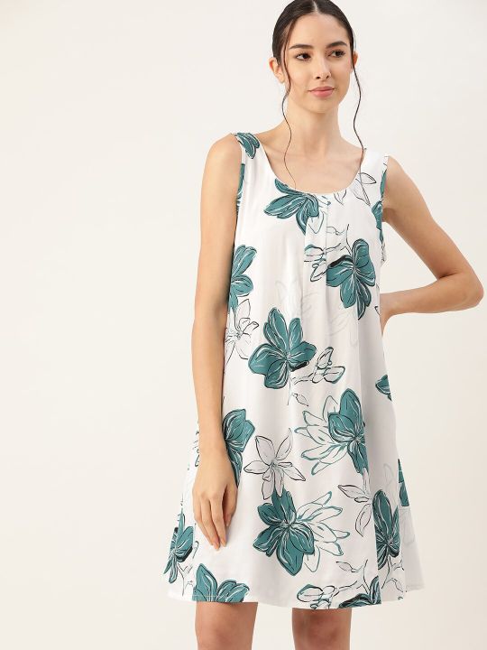 ETC Women White & Green Floral Printed Nightdress