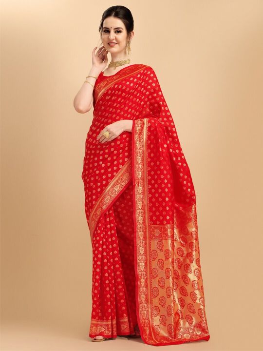 Ethnic Junction Red Woven Design Embellished Zari Silk Blend Banarasi Saree