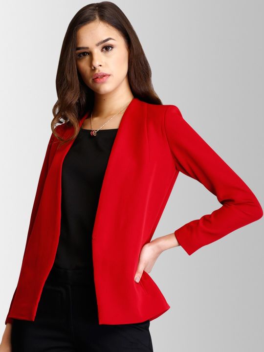 FableStreet Women Red Solid Open Front Blazer