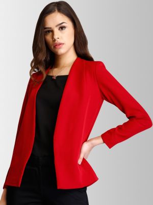 FableStreet Women Red Solid Open Front Blazer