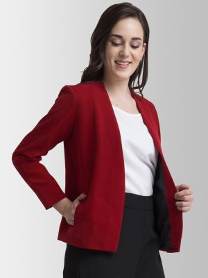 FableStreet Women Red Solid Open Front Blazer