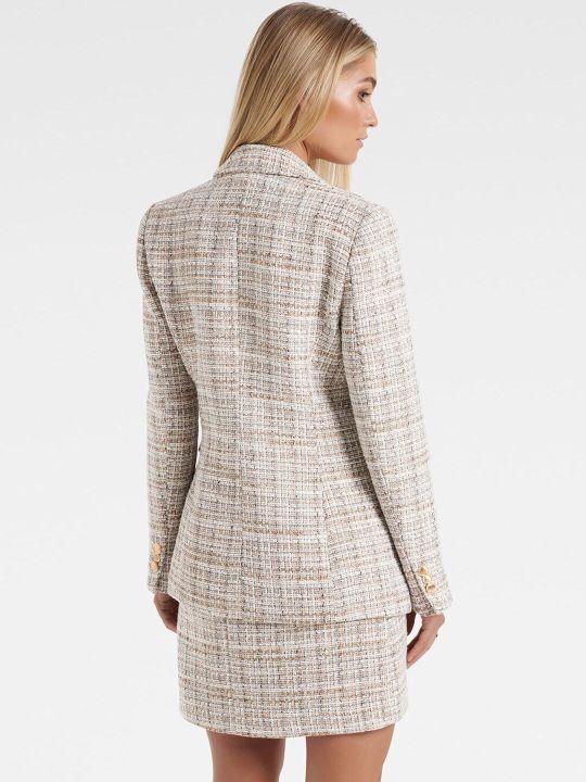 Forever New Women White Checked Double Breasted Formal Blazer