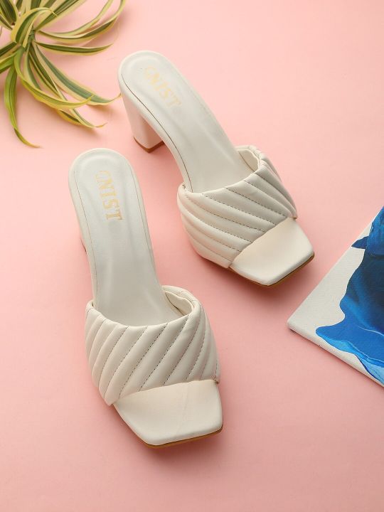 GNIST Women White Quilted Block Heels