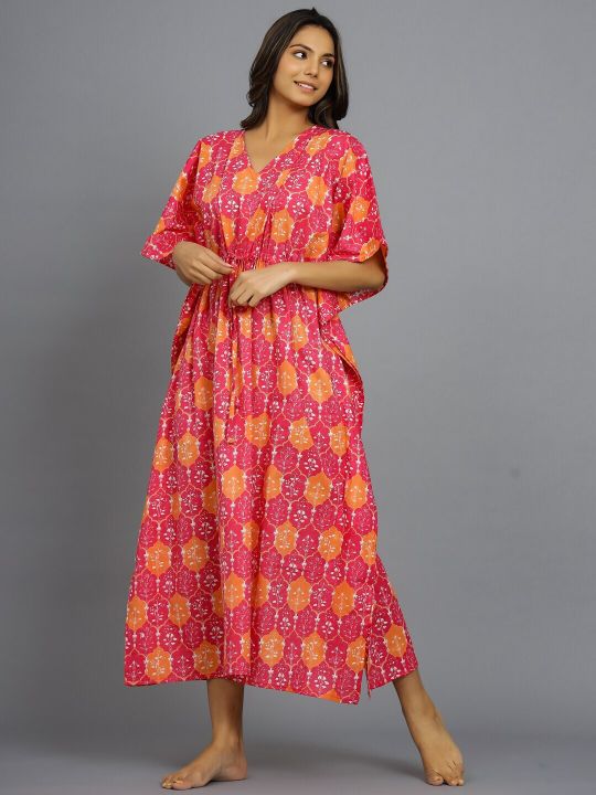 HANDICRAFT PALACE Ethnic Motifs Printed Pure Cotton Maxi Kaftan Nightdress