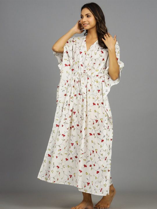 HANDICRAFT PALACE Floral Printed Pure Cotton Kaftan Maxi Nightdress