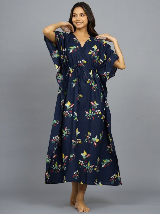 HANDICRAFT PALACE Floral Printed Pure Cotton Maxi Kaftan Nightdress