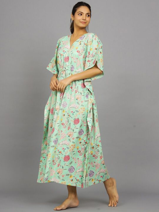 HANDICRAFT PALACE Floral Printed Pure Cotton Maxi Kaftan Nightdress