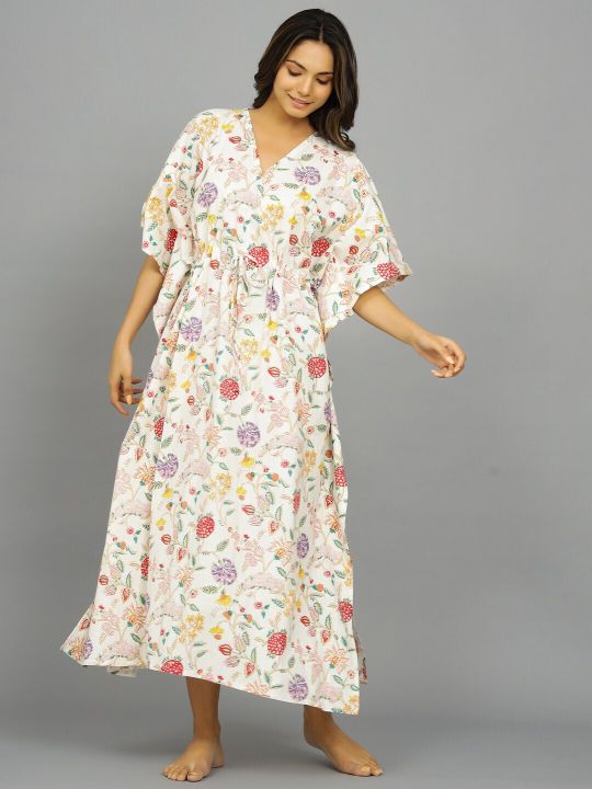 HANDICRAFT PALACE Floral Printed Pure Cotton Maxi Kaftan Nightdress