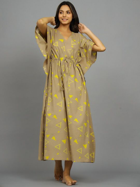 HANDICRAFT PALACE Geometric Printed Pure Cotton Maxi Kaftan Nightdress