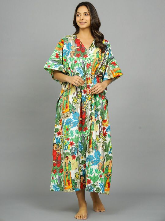 HANDICRAFT PALACE Tropical Printed Pure Cotton Maxi Kaftan Nightdress