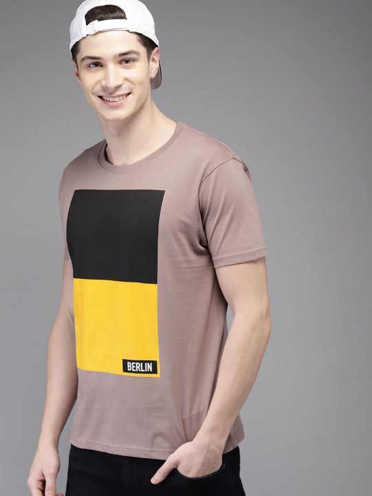 HERE&NOW HERENOW Men Mauve Black olourblocked Cotton Pure Cotton T-shirt