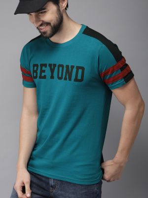 HERE&NOW HERENOW Men Teal Blue Black Printed Cotton Pure Cotton T-shirt