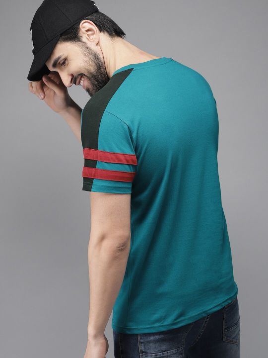 HERE&NOW HERENOW Men Teal Blue Black Printed Cotton Pure Cotton T-shirt