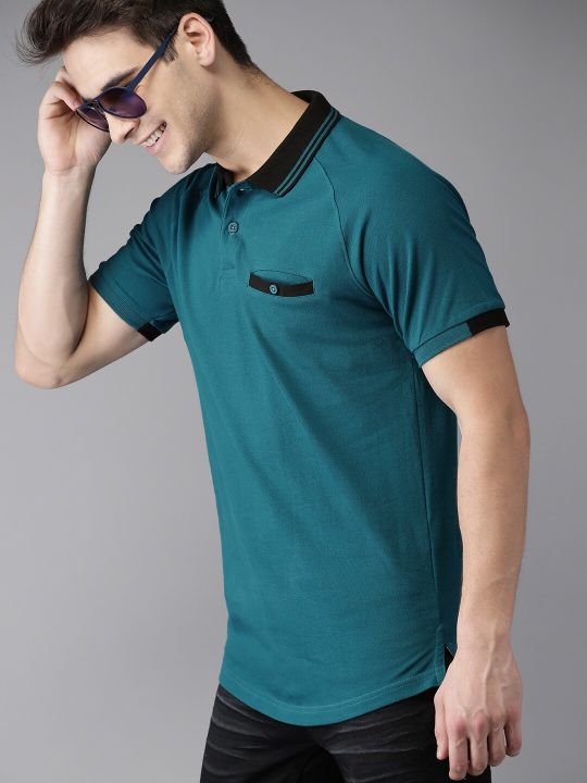 HERE&NOW HERENOW Men Teal Blue Polo Collar Cotton Pure Cotton T-shirt